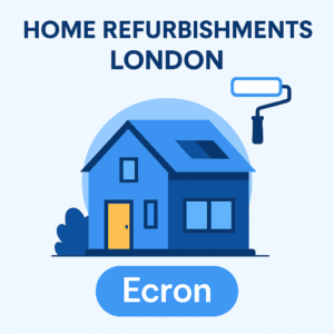 Illustration of a modern blue house with paint roller symbol, representing home refurbishments in London by Ecron